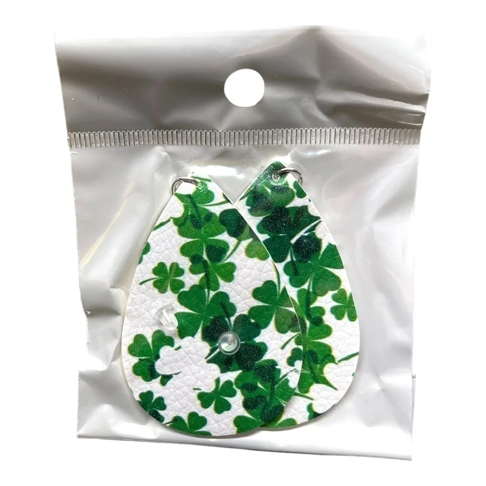 3 Pair St Patricks Day Shamrock Clover Faux Leather Teardrop Dangle Earrings NWT